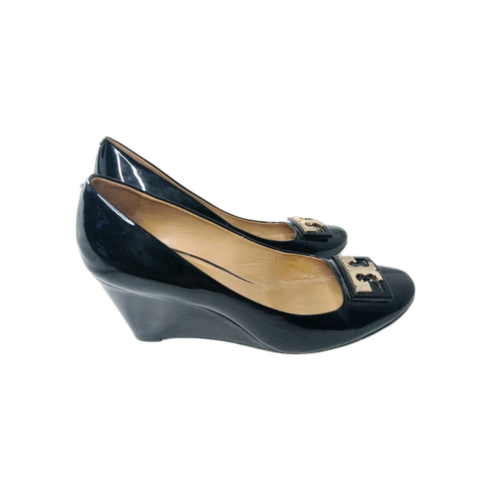 Tory Burch Wedge Shoes Women's Size 8.5 M Black Patent Leather Pumps Closed Toe